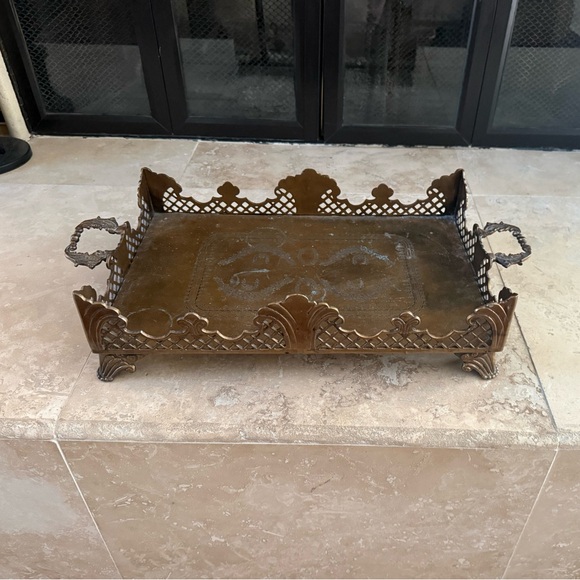 Antique Large Brass Serving TrayWith Elegant Feet and Handles